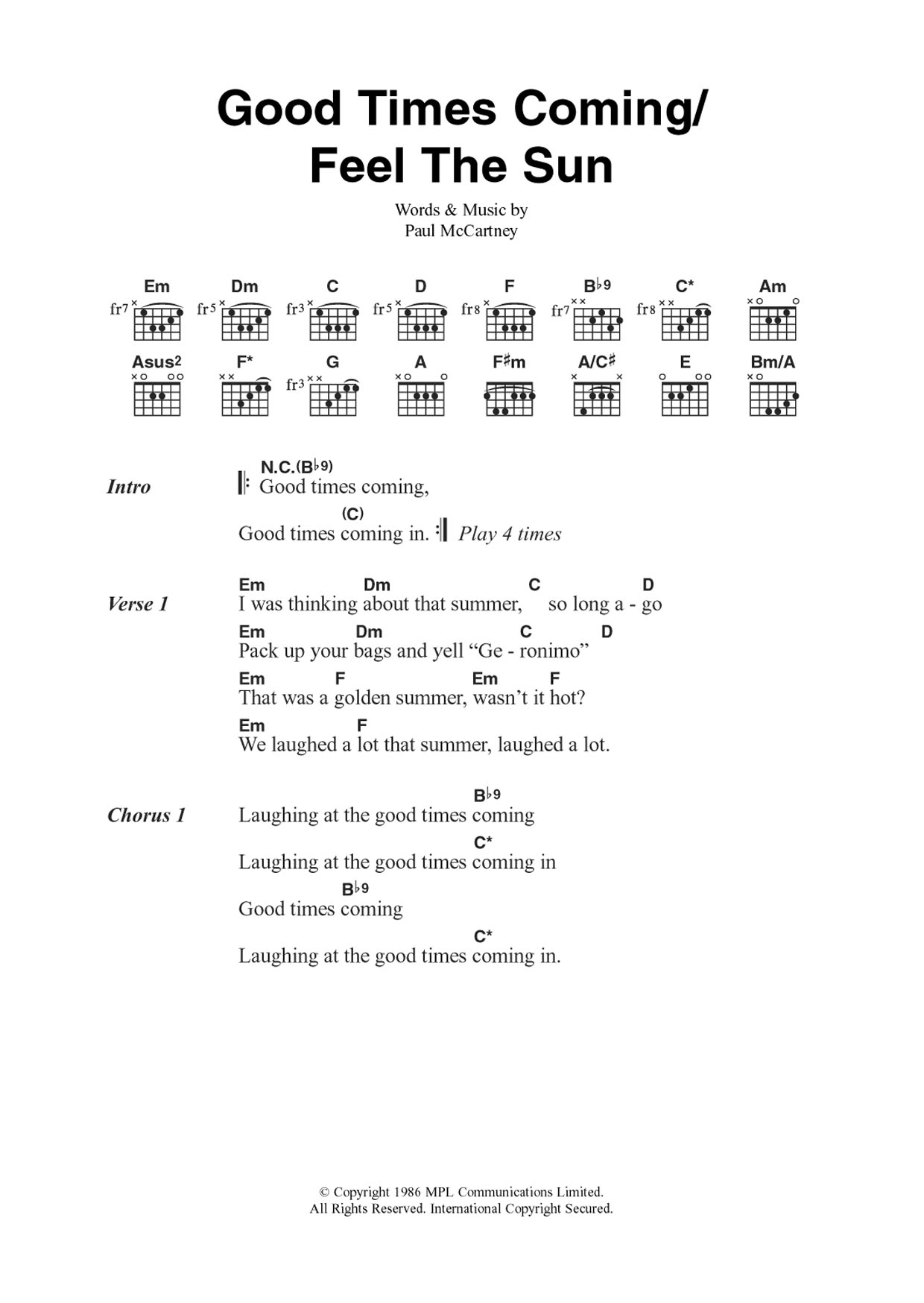 Paul McCartney Good Times Coming/Feel The Sun Sheet Music Notes & Chords for Guitar Chords/Lyrics - Download or Print PDF