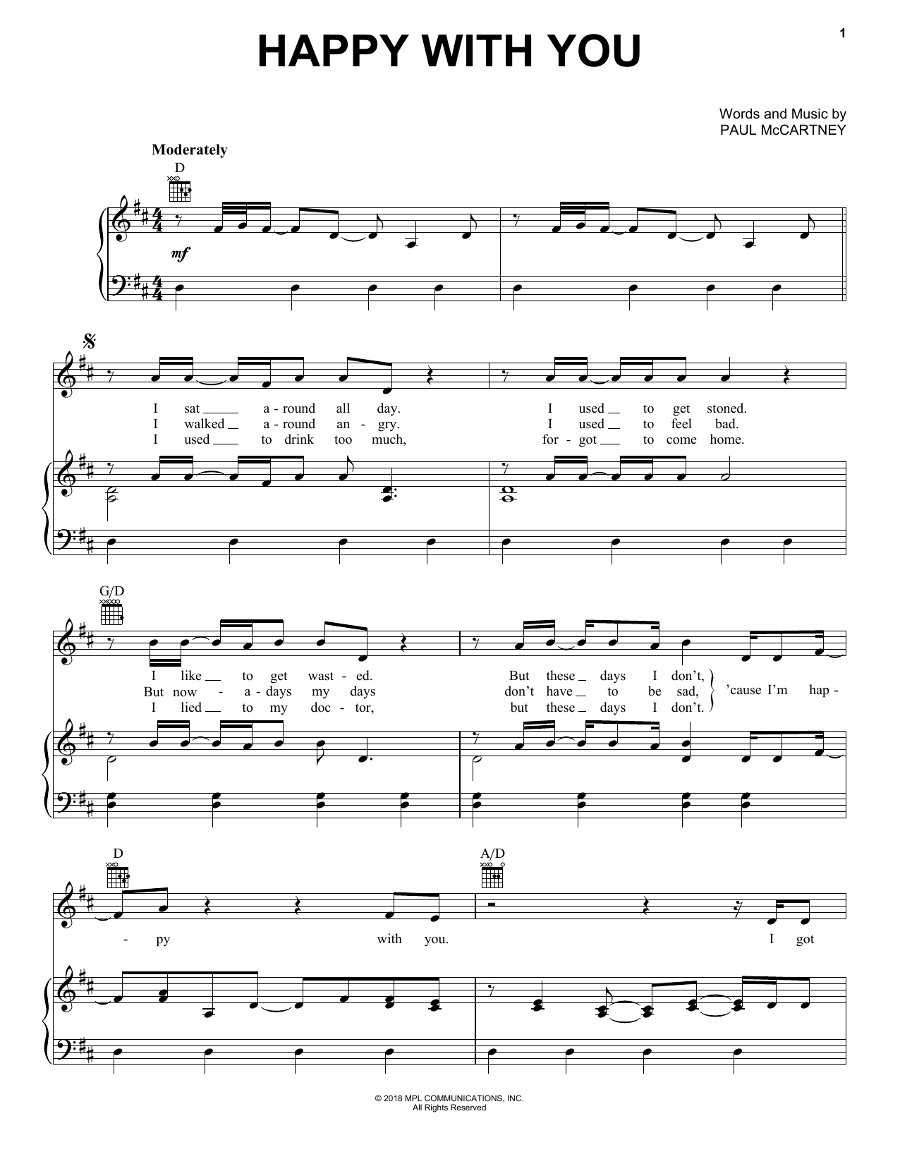 Paul McCartney Happy With You Sheet Music Notes & Chords for Piano, Vocal & Guitar (Right-Hand Melody) - Download or Print PDF