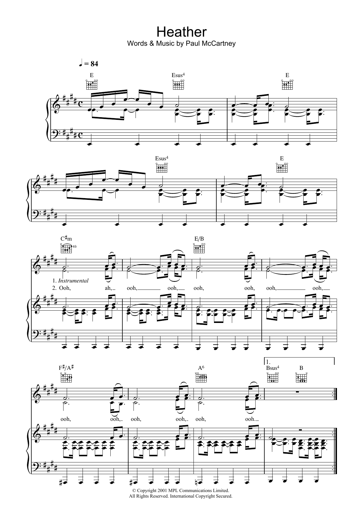 Paul McCartney Heather Sheet Music Notes & Chords for Piano, Vocal & Guitar (Right-Hand Melody) - Download or Print PDF