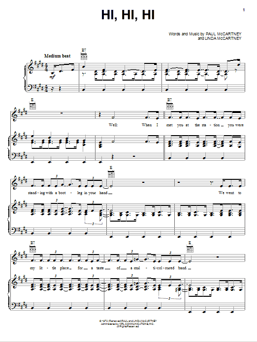 Paul McCartney Hi, Hi, Hi Sheet Music Notes & Chords for Piano, Vocal & Guitar (Right-Hand Melody) - Download or Print PDF