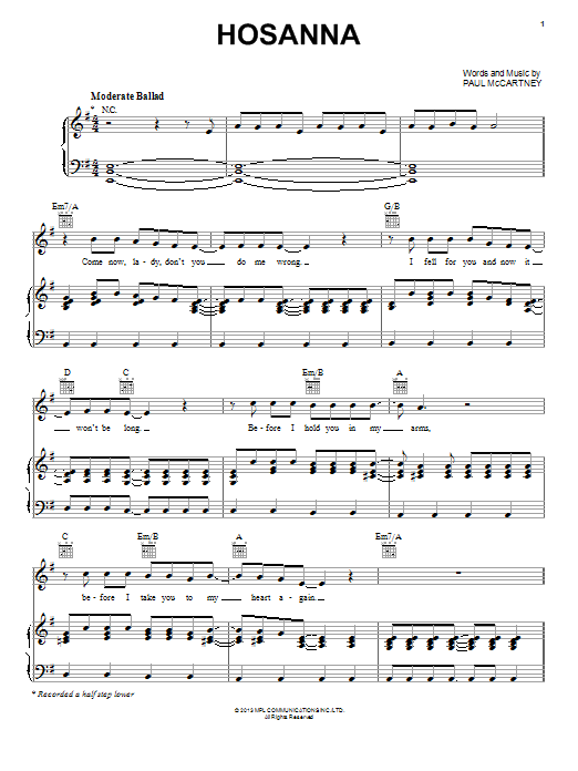 Paul McCartney Hosanna Sheet Music Notes & Chords for Piano, Vocal & Guitar (Right-Hand Melody) - Download or Print PDF