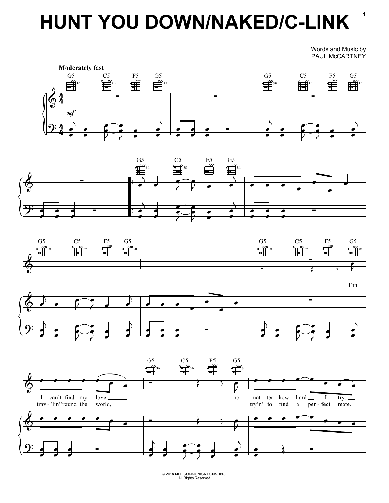 Paul McCartney Hunt You Down Sheet Music Notes & Chords for Piano, Vocal & Guitar (Right-Hand Melody) - Download or Print PDF