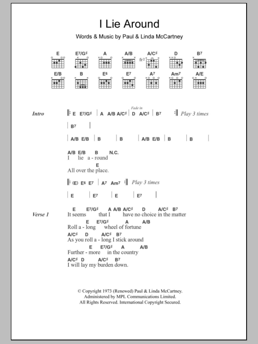 Paul McCartney I Lie Around Sheet Music Notes & Chords for Lyrics & Chords - Download or Print PDF