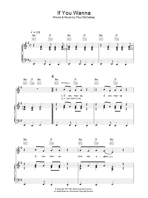 Paul McCartney If You Wanna Sheet Music Notes & Chords for Piano, Vocal & Guitar (Right-Hand Melody) - Download or Print PDF