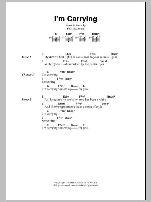 Paul McCartney & Wings I'm Carrying Sheet Music Notes & Chords for Lyrics & Chords - Download or Print PDF