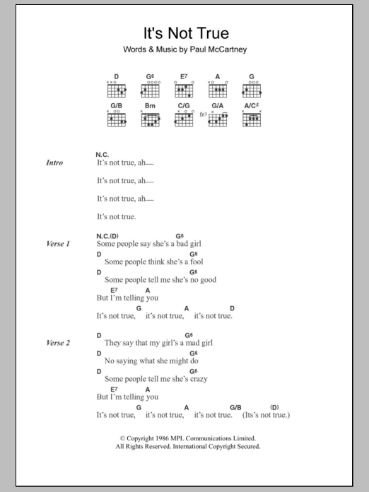 Paul McCartney It's Not True Sheet Music Notes & Chords for Lyrics & Chords - Download or Print PDF