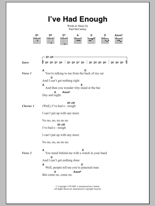 Paul McCartney & Wings I've Had Enough Sheet Music Notes & Chords for Lyrics & Chords - Download or Print PDF