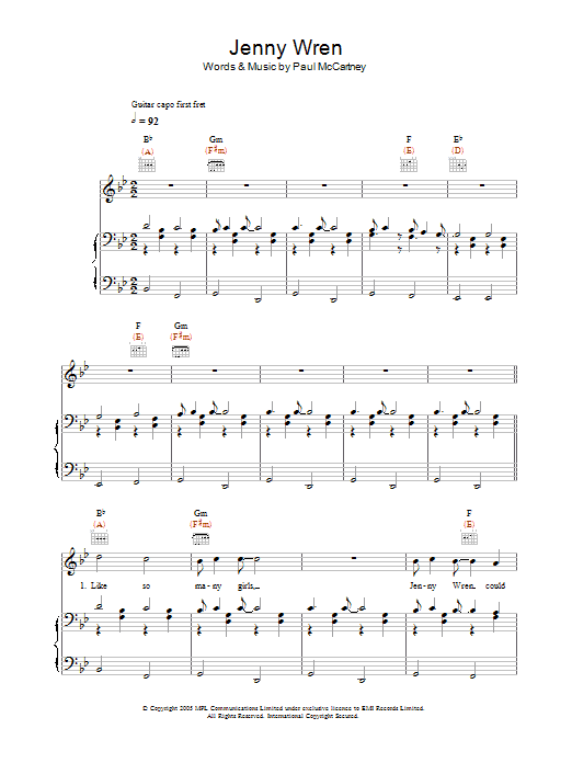 Paul McCartney Jenny Wren Sheet Music Notes & Chords for Piano, Vocal & Guitar (Right-Hand Melody) - Download or Print PDF