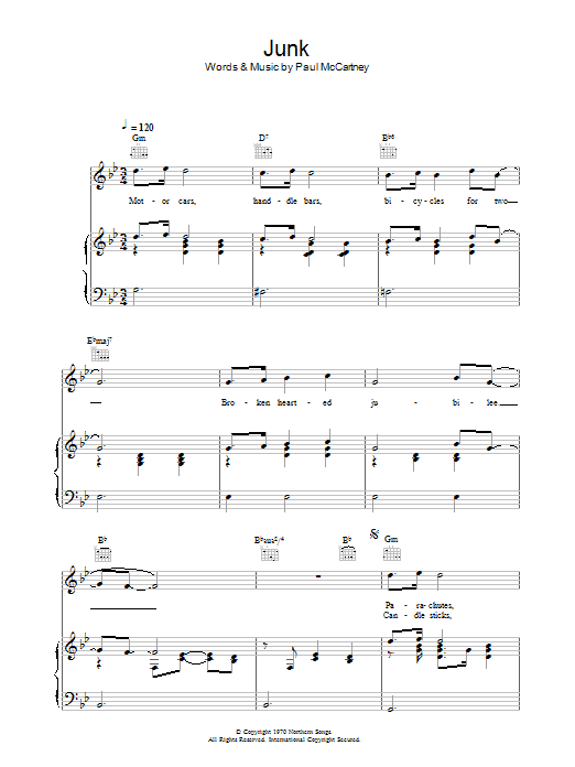 Paul McCartney Junk Sheet Music Notes & Chords for Lyrics & Chords - Download or Print PDF