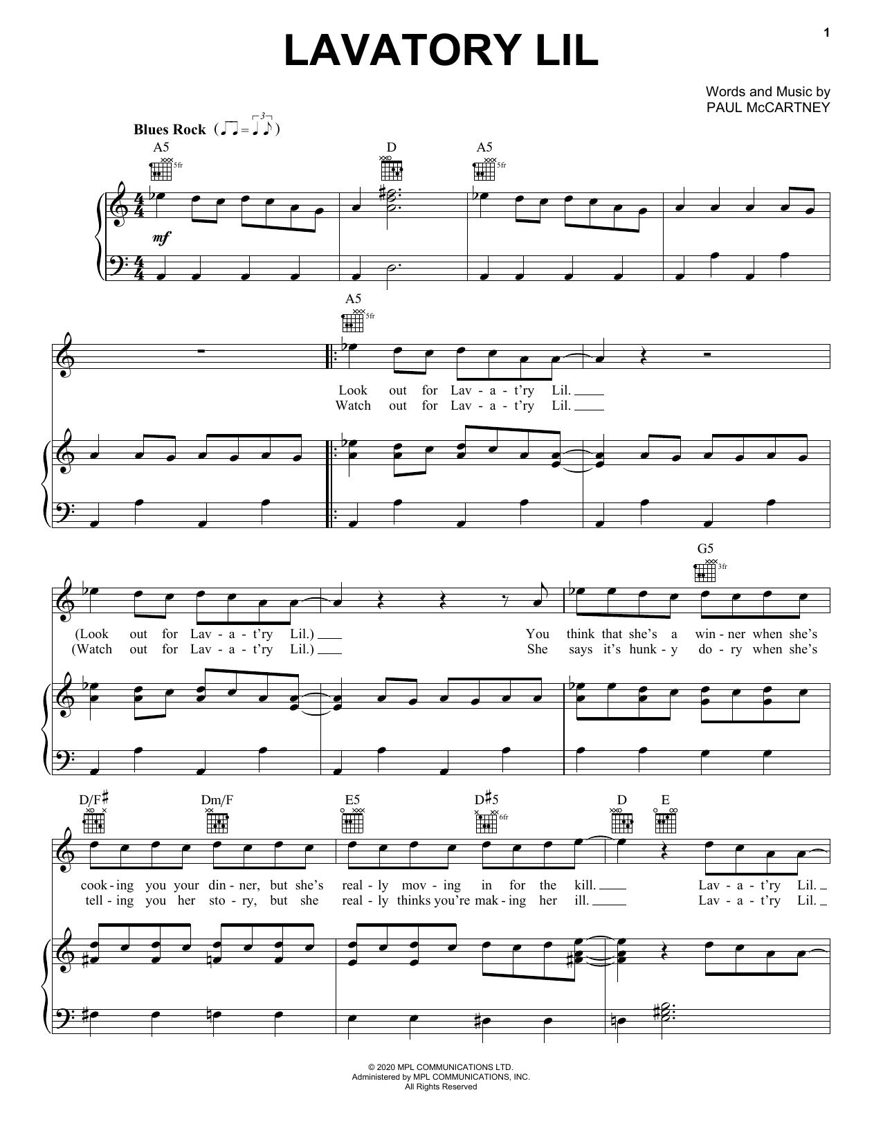 Paul McCartney Lavatory Lil Sheet Music Notes & Chords for Piano, Vocal & Guitar (Right-Hand Melody) - Download or Print PDF