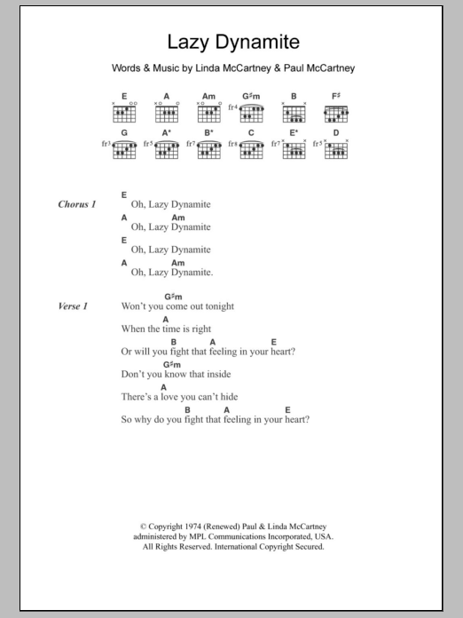 Paul McCartney & Wings Lazy Dynamite Sheet Music Notes & Chords for Lyrics & Chords - Download or Print PDF