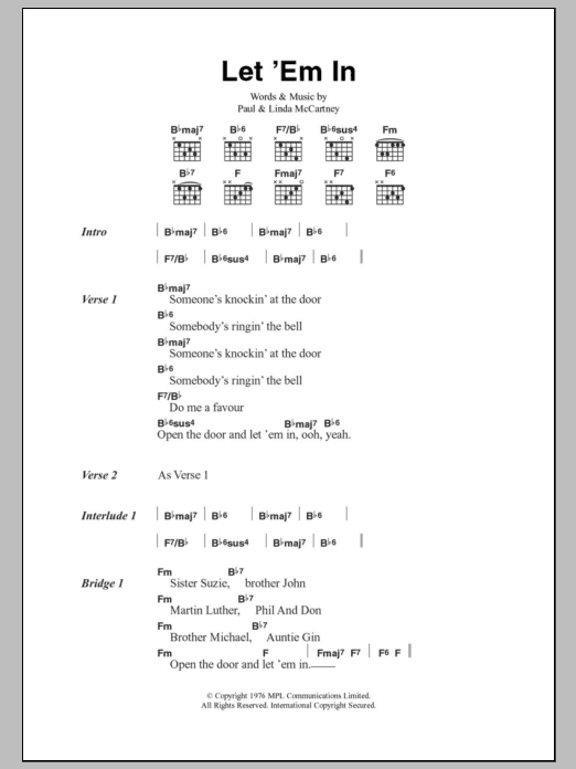 Paul McCartney & Wings Let 'Em In Sheet Music Notes & Chords for Lyrics & Chords - Download or Print PDF