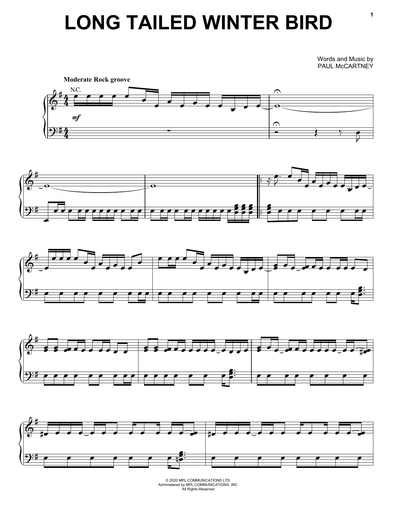 Paul McCartney Long Tailed Winter Bird Sheet Music Notes & Chords for Piano, Vocal & Guitar (Right-Hand Melody) - Download or Print PDF
