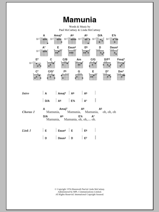 Paul McCartney & Wings Mamunia Sheet Music Notes & Chords for Lyrics & Chords - Download or Print PDF