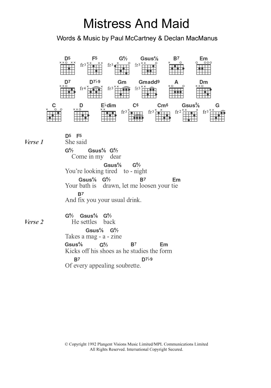 Paul McCartney Mistress And Maid Sheet Music Notes & Chords for Guitar Chords/Lyrics - Download or Print PDF