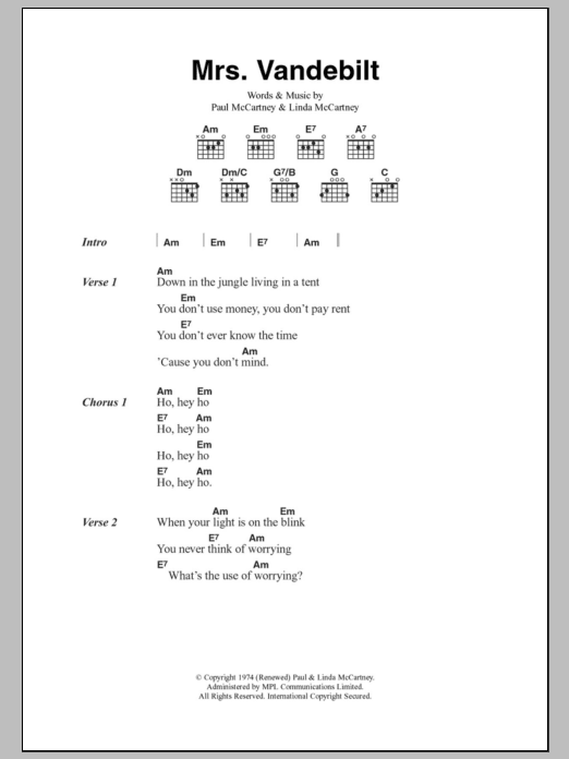 Paul McCartney & Wings Mrs. Vandebilt Sheet Music Notes & Chords for Lyrics & Chords - Download or Print PDF