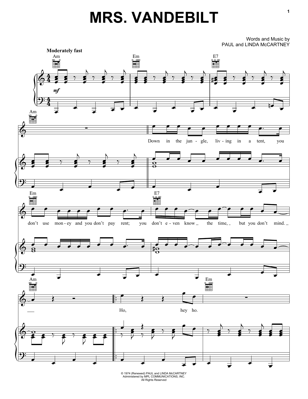 Paul McCartney Mrs. Vandebilt Sheet Music Notes & Chords for Piano, Vocal & Guitar (Right-Hand Melody) - Download or Print PDF