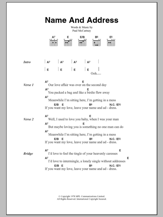 Paul McCartney & Wings Name And Address Sheet Music Notes & Chords for Lyrics & Chords - Download or Print PDF