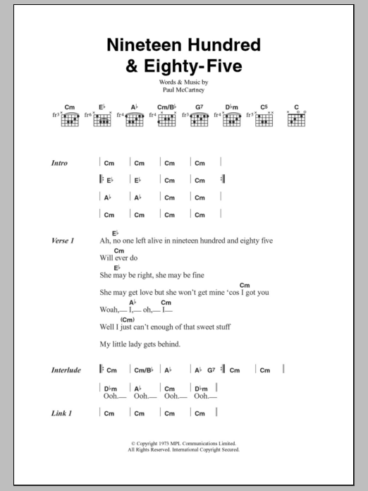 Paul McCartney & Wings Nineteen Hundred And Eighty Five Sheet Music Notes & Chords for Lyrics & Chords - Download or Print PDF