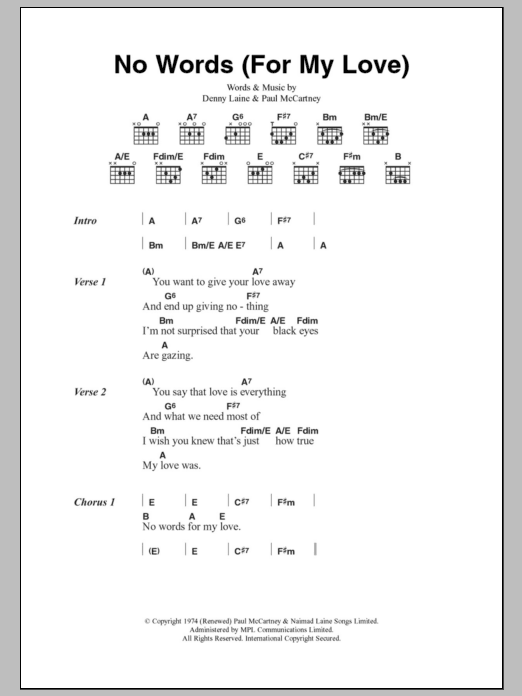 Paul McCartney & Wings No Words (For My Love) Sheet Music Notes & Chords for Lyrics & Chords - Download or Print PDF