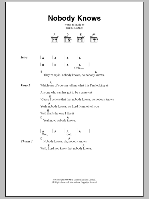 Paul McCartney Nobody Knows Sheet Music Notes & Chords for Lyrics & Chords - Download or Print PDF