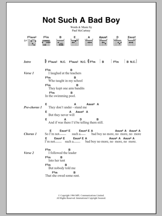 Paul McCartney Not Such A Bad Boy Sheet Music Notes & Chords for Lyrics & Chords - Download or Print PDF