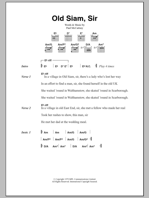 Paul McCartney & Wings Old Siam, Sir Sheet Music Notes & Chords for Lyrics & Chords - Download or Print PDF