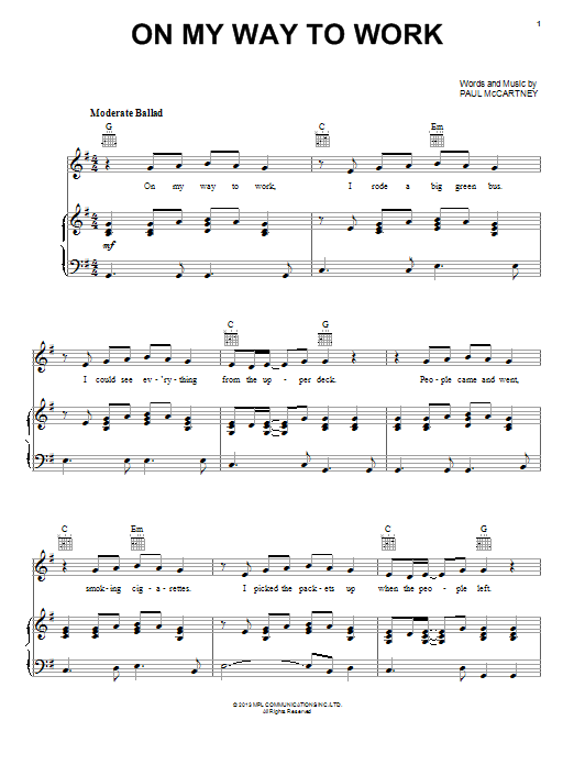 Paul McCartney On My Way To Work Sheet Music Notes & Chords for Piano, Vocal & Guitar (Right-Hand Melody) - Download or Print PDF Paul McCartney On My Way To Work Sheet Music Notes & Chords for Piano, Vocal & Guitar (Right-Hand Melody) - Download or Print PDF