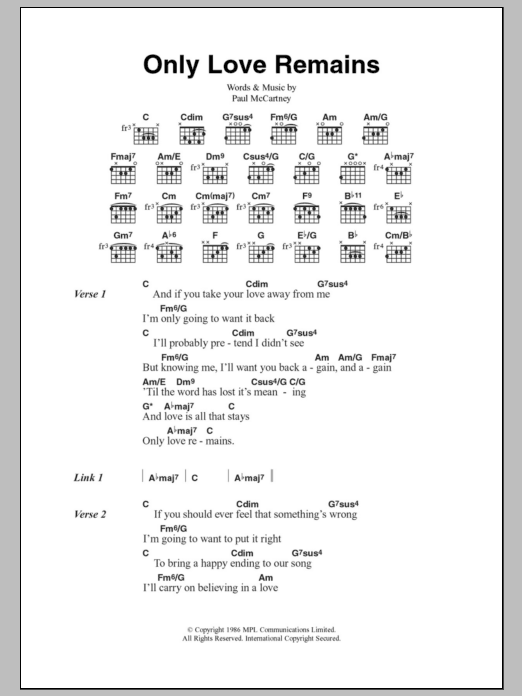 Paul McCartney Only Love Remains Sheet Music Notes & Chords for Lyrics & Chords - Download or Print PDF