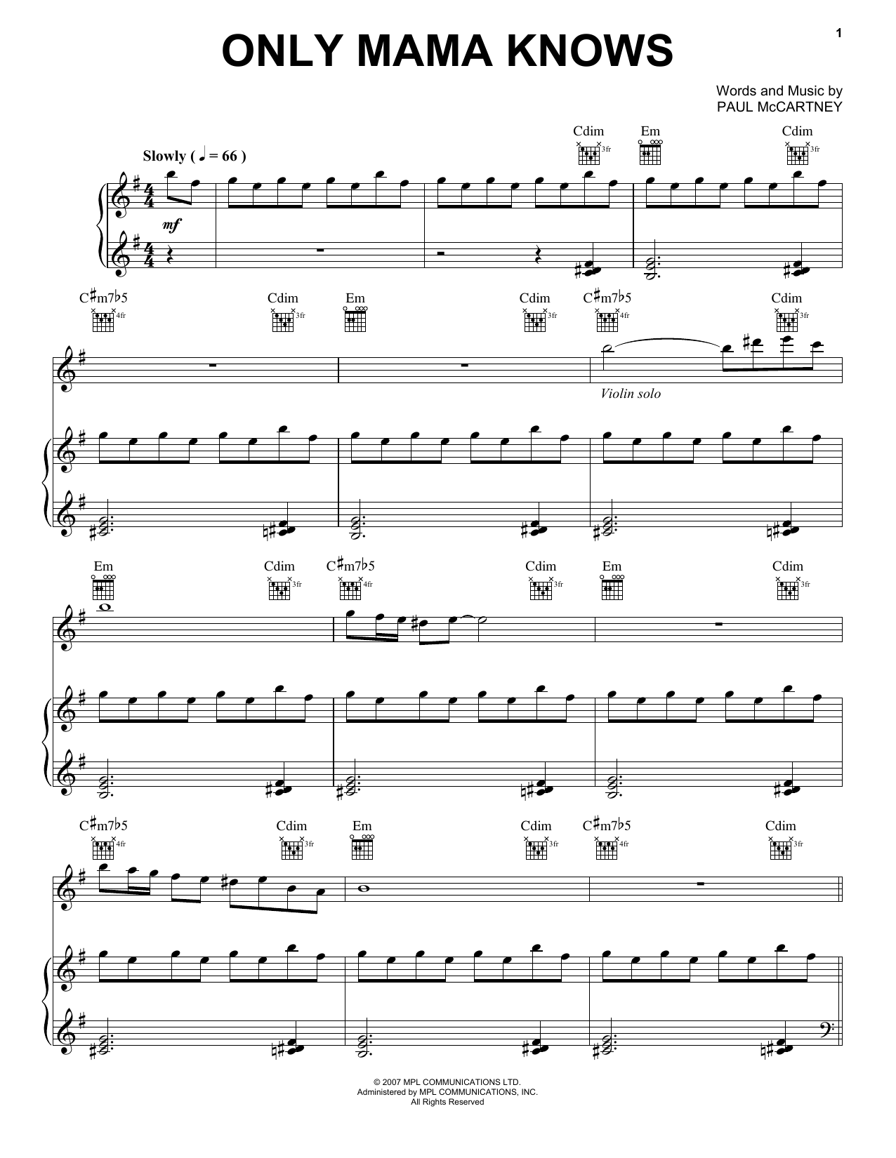 Paul McCartney Only Mama Knows Sheet Music Notes & Chords for Piano, Vocal & Guitar (Right-Hand Melody) - Download or Print PDF