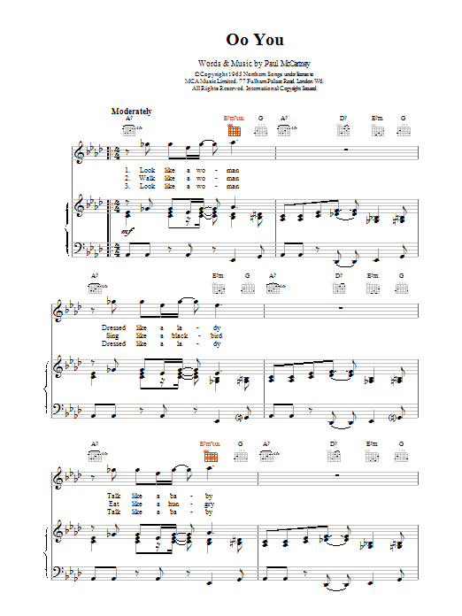 Paul McCartney Oo You Sheet Music Notes & Chords for Lyrics & Chords - Download or Print PDF