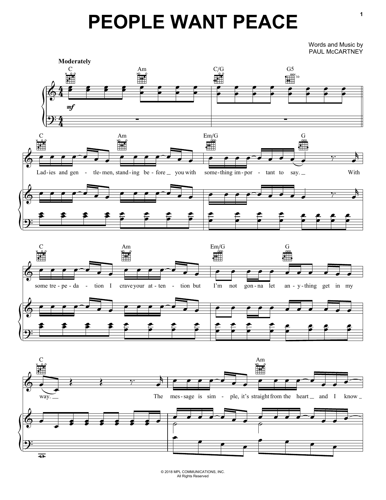 Paul McCartney People Want Peace Sheet Music Notes & Chords for Piano, Vocal & Guitar (Right-Hand Melody) - Download or Print PDF