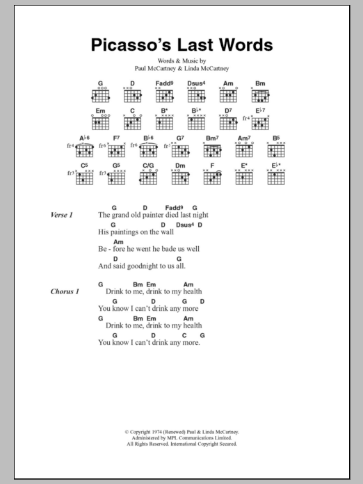 Paul McCartney & Wings Picasso's Last Words Sheet Music Notes & Chords for Lyrics & Chords - Download or Print PDF