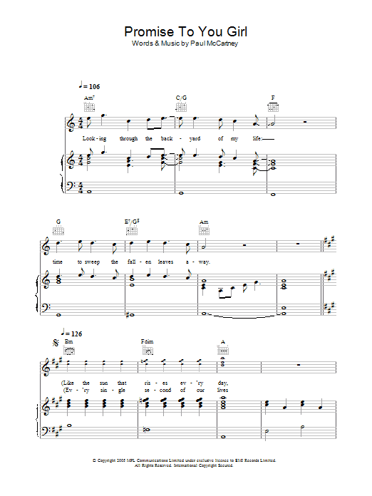 Paul McCartney Promise To You Girl Sheet Music Notes & Chords for Piano, Vocal & Guitar (Right-Hand Melody) - Download or Print PDF