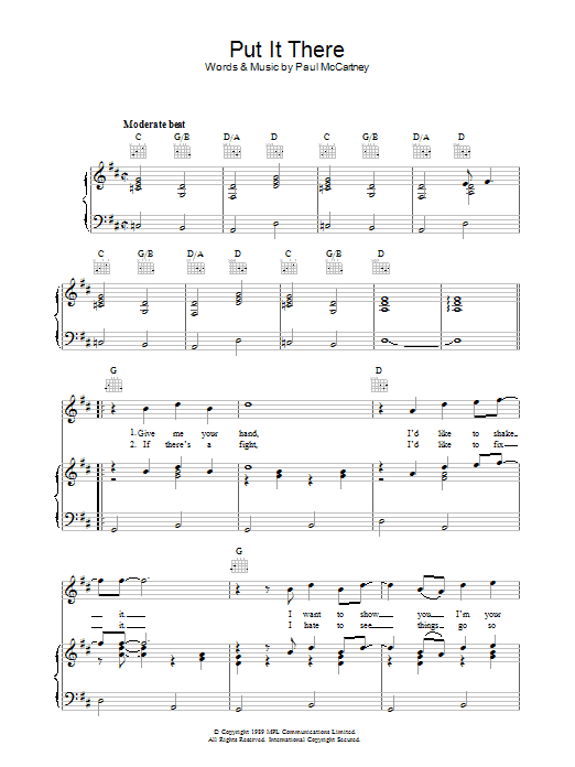 Paul McCartney Put It There Sheet Music Notes & Chords for Piano, Vocal & Guitar (Right-Hand Melody) - Download or Print PDF