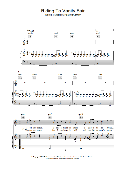 Paul McCartney Riding To Vanity Fair Sheet Music Notes & Chords for Piano, Vocal & Guitar (Right-Hand Melody) - Download or Print PDF