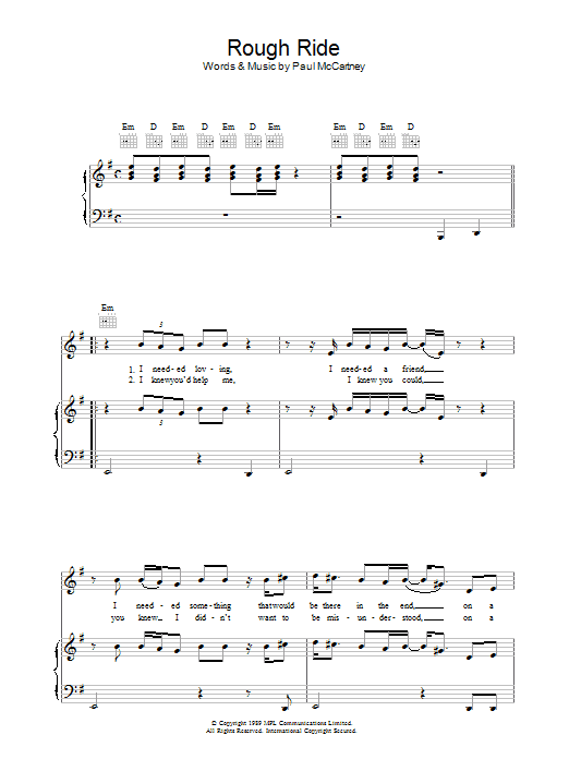 Paul McCartney Rough Ride Sheet Music Notes & Chords for Piano, Vocal & Guitar (Right-Hand Melody) - Download or Print PDF