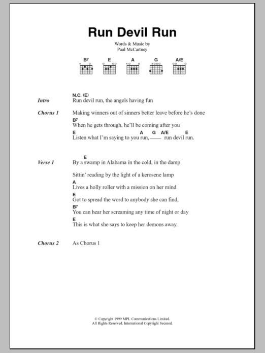 Paul McCartney Run Devil Run Sheet Music Notes & Chords for Lyrics & Chords - Download or Print PDF