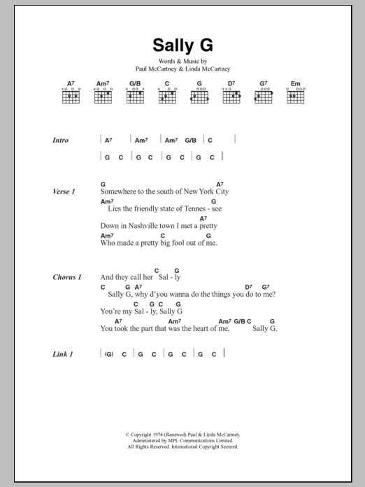 Paul McCartney & Wings Sally G Sheet Music Notes & Chords for Lyrics & Chords - Download or Print PDF