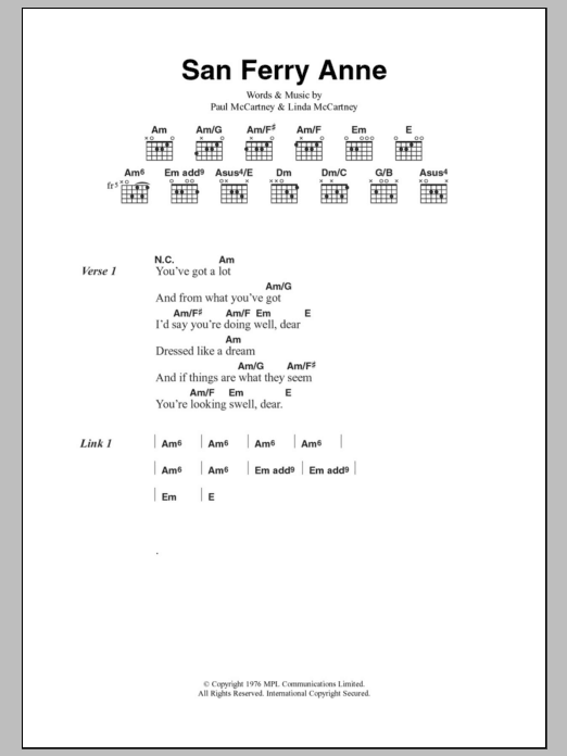 Paul McCartney & Wings San Ferry Anne Sheet Music Notes & Chords for Lyrics & Chords - Download or Print PDF