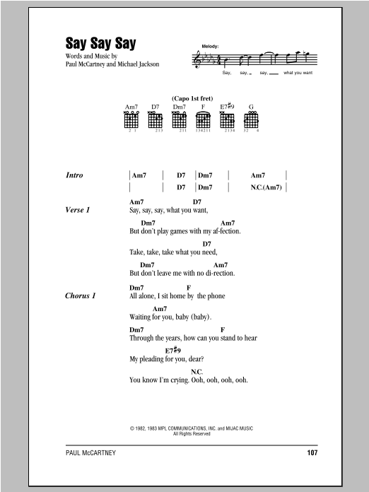 Paul McCartney Say Say Say Sheet Music Notes & Chords for Guitar Chords/Lyrics - Download or Print PDF