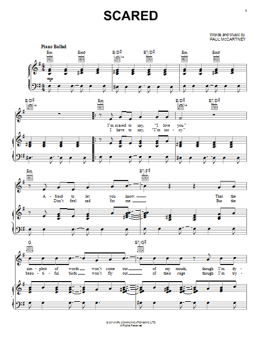 Paul McCartney Scared Sheet Music Notes & Chords for Piano, Vocal & Guitar (Right-Hand Melody) - Download or Print PDF