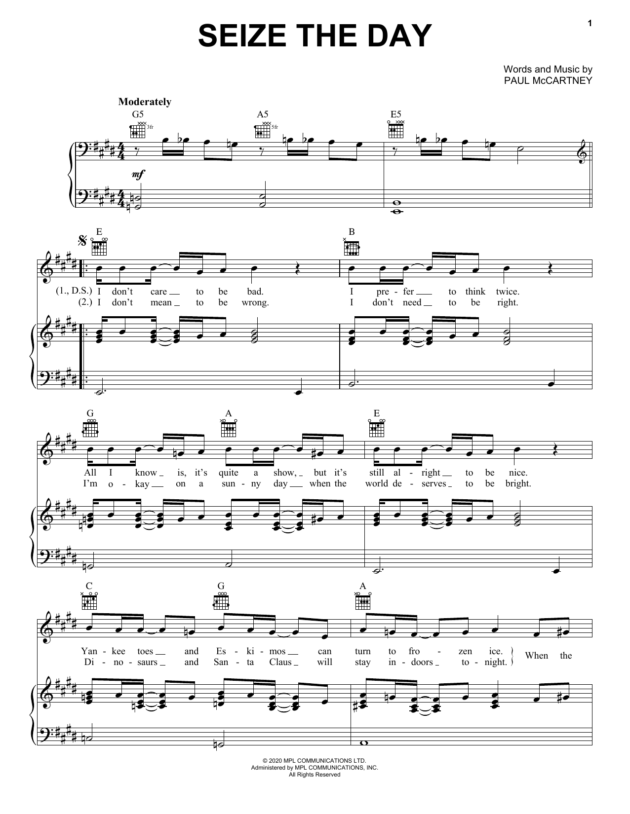 Paul McCartney Seize The Day Sheet Music Notes & Chords for Piano, Vocal & Guitar (Right-Hand Melody) - Download or Print PDF