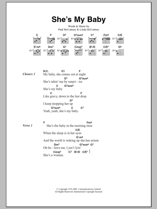 Paul McCartney & Wings She's My Baby Sheet Music Notes & Chords for Lyrics & Chords - Download or Print PDF