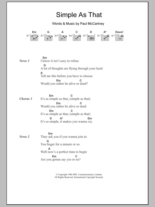 Paul McCartney Simple As That Sheet Music Notes & Chords for Lyrics & Chords - Download or Print PDF