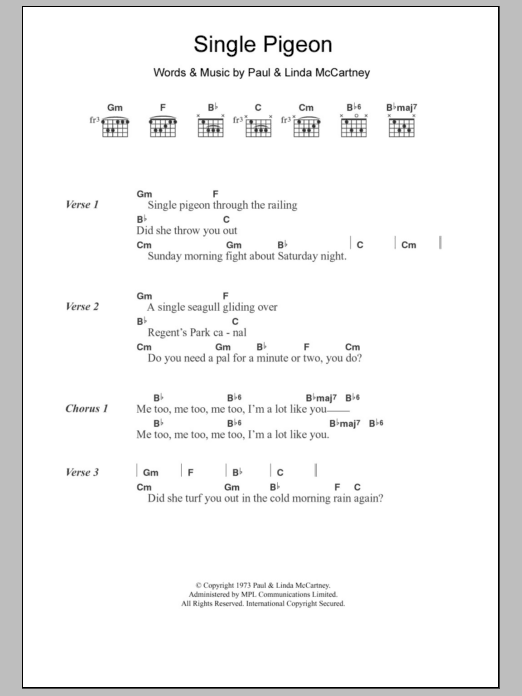 Paul McCartney Single Pigeon Sheet Music Notes & Chords for Lyrics & Chords - Download or Print PDF