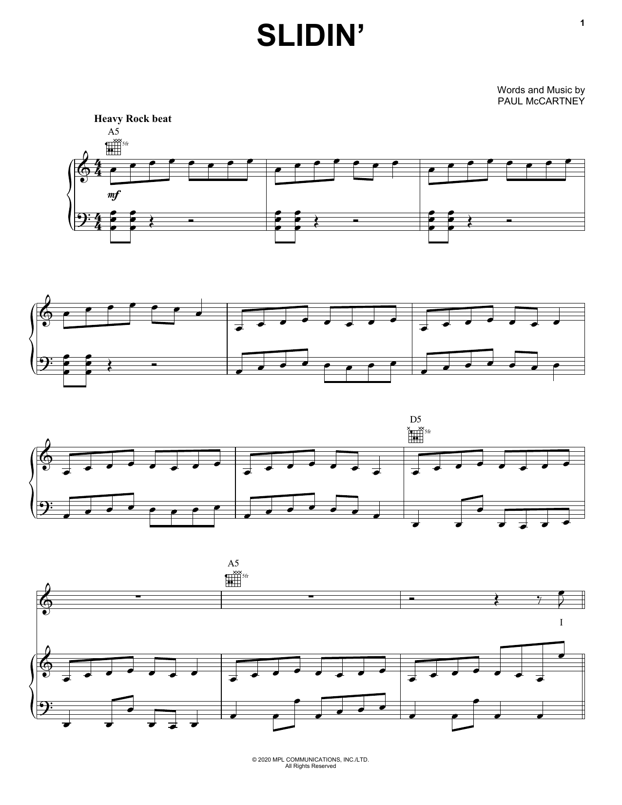 Paul McCartney Slidin' Sheet Music Notes & Chords for Piano, Vocal & Guitar (Right-Hand Melody) - Download or Print PDF