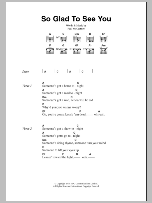 Paul McCartney & Wings So Glad To See You Sheet Music Notes & Chords for Lyrics & Chords - Download or Print PDF