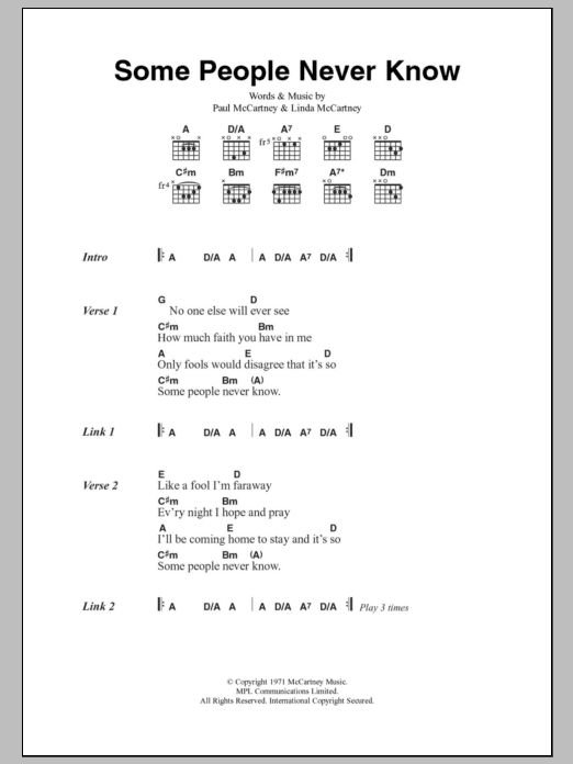 Paul McCartney & Wings Some People Never Know Sheet Music Notes & Chords for Lyrics & Chords - Download or Print PDF