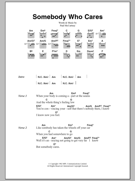 Paul McCartney Somebody Who Cares Sheet Music Notes & Chords for Lyrics & Chords - Download or Print PDF